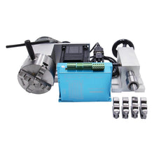 Load image into Gallery viewer, 4th Rotational Axis for CNC router with nema 34 motor and hbs860H driver tail stock and 4 jaw chuck