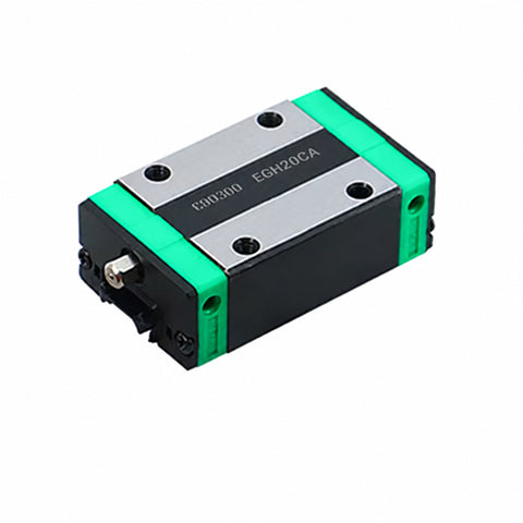 EGH20CA square linear guide bearing block with four mounting holes, grease nipple and black and green end caps.