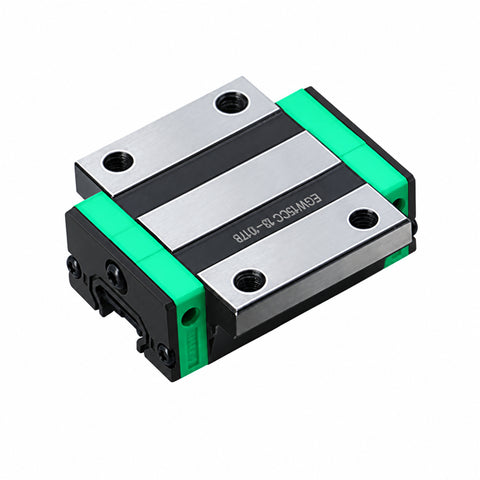 EGW15CC flanged linear guide bearing block with four mounting holes and black and green end caps.