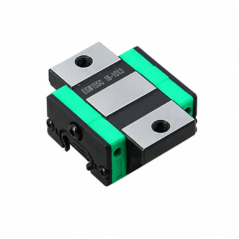 EGW15SC compact flanged linear guide bearing block with two mounting holes and black and green end caps.