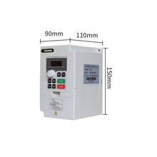 Load image into Gallery viewer, H100 variable frequency drive (VFD) showing dimensions: 90 mm wide, 150 mm high and 110 mm deep.