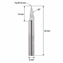 Load image into Gallery viewer, Klein VHW V-Groove Z1 router bit with 0.1 mm tip, 30° cutting angle, 6 mm shank, 14 mm cutting length and 50 mm overall length.