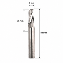 Load image into Gallery viewer, Klein Aluminium Single Flute Up Cut Z1 router bit with 8 mm cutting diameter, 35 mm cutting length and 80 mm overall length.