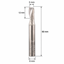 Load image into Gallery viewer, Klein S6 Stepped Shank Aluminium Single Flute Up Cut Z1 router bit with 6 mm shank, 3 mm cutting diameter, 12 mm cutting length and 60 mm overall length.