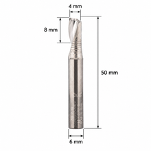 Load image into Gallery viewer, Klein S6 Stepped Shank Aluminium Single Flute Up Cut Z1 router bit with 6 mm shank, 4 mm cutting diameter, 12 mm cutting length and 60 mm overall length.
