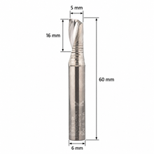 Load image into Gallery viewer, Klein S6 Stepped Shank Aluminium Single Flute Up Cut Z1 router bit with 6 mm shank, 5 mm cutting diameter, 16 mm cutting length and 60 mm overall length.