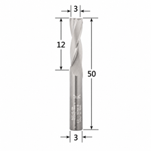 Load image into Gallery viewer, Klein Z2 two flute up cut router bit with 3 mm cutting diameter, 12 mm cutting length, 50 mm overall length and 3 mm shank.