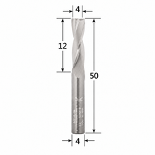 Load image into Gallery viewer, Klein Z2 two flute up cut router bit with 4 mm cutting diameter, 12 mm cutting length, 50 mm overall length and 3 mm shank.