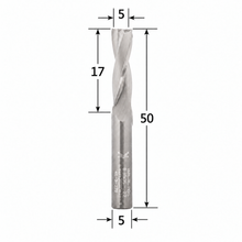 Load image into Gallery viewer, Klein Z2 two flute up cut router bit with 5 mm cutting diameter, 17 mm cutting length, 50 mm overall length and 5 mm shank.