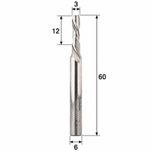 Load image into Gallery viewer, Klein Z2 two flute up cut router bit with 6 mm stepped shank, 3 mm cutting diameter, 12 mm cutting length and 60 mm overall length.