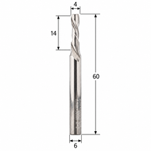 Load image into Gallery viewer, Klein Z2 two flute up cut router bit with 6 mm stepped shank, 4 mm cutting diameter, 14 mm cutting length and 60 mm overall length.