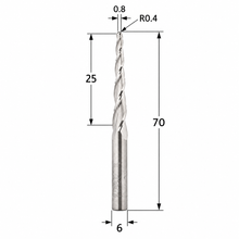 Load image into Gallery viewer, Klein tapered ball nose triple flute up cut Z3 router bit with 6 mm shank, 0.8 mm tip diameter, 0.4 mm radius, 25 mm cutting length and 70 mm overall length.