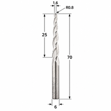 Load image into Gallery viewer, Klein tapered ball nose triple flute up cut Z3 router bit with 6 mm shank, 1.6 mm tip diameter, 0.8 mm radius, 25 mm cutting length and 70 mm overall length.