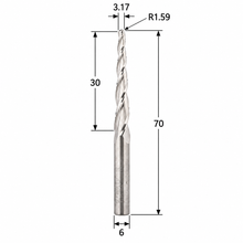 Load image into Gallery viewer, Klein tapered ball nose triple flute up cut Z3 router bit with 6 mm shank, 3.17 mm tip diameter, 1.59 mm radius, 30 mm cutting length and 70 mm overall length.